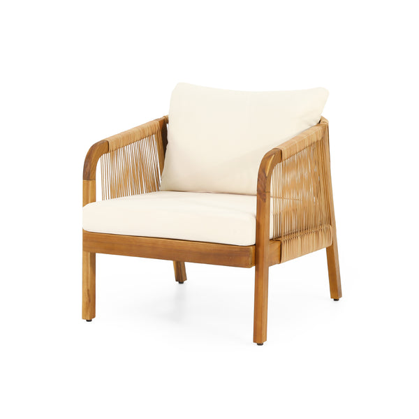gdf studio Allerton Outdoor Acacia Wood and Wicker Club Chair with Cushions Teak Light Brown and Beige