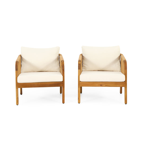 gdf studio Allerton Outdoor Acacia Wood and Wicker Club Chairs with Cushions Set of 2 Teak Light Brown and Beige
