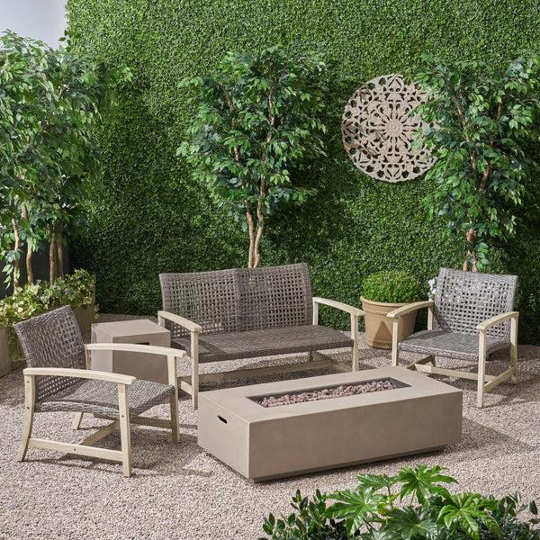 Gdf Studio Alliso Outdoor 5 Piece Wood And Wicker Chat Set With Fire Pit