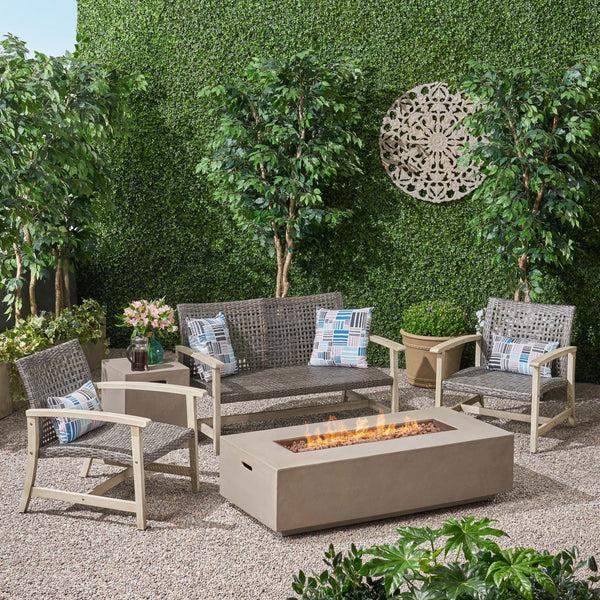 Gdf Studio Alliso Outdoor 5 Piece Wood And Wicker Chat Set With Fire Pit