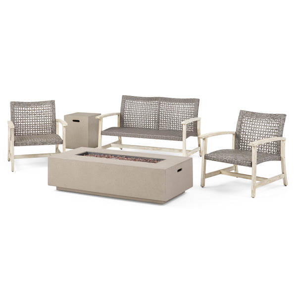 gdf studio Alliso Outdoor 5 Piece Wood and Wicker Chat Set with Fire Pit