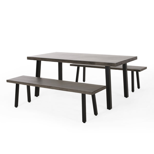 gdf studio Altair Outdoor Modern Industrial 3 Piece Aluminum Dining Set with Benches