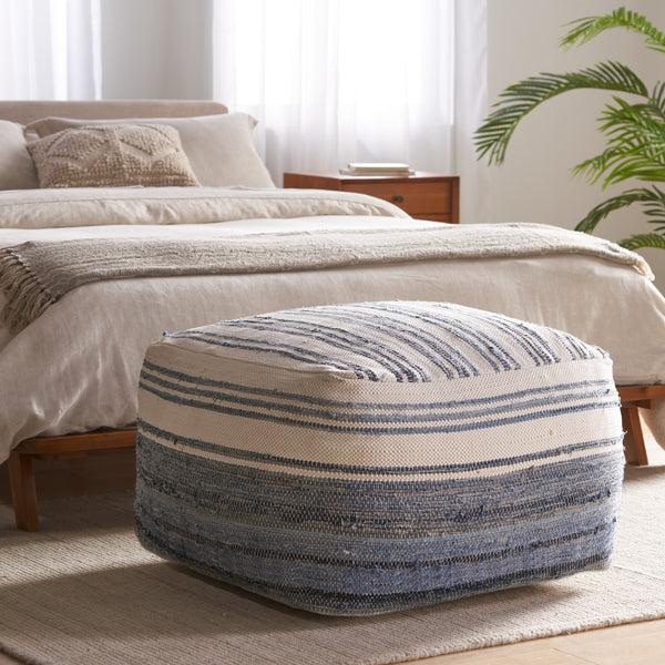Gdf Studio Althea Large Square Casual Pouf Boho Blue And White Recycled Denim And Chindi