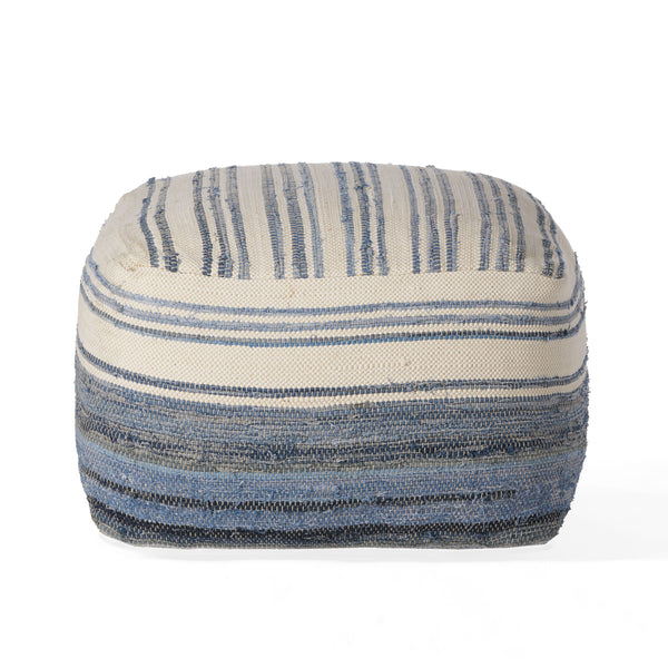 gdf studio Althea Large Square Casual Pouf Boho Blue and White Recycled Denim and Chindi