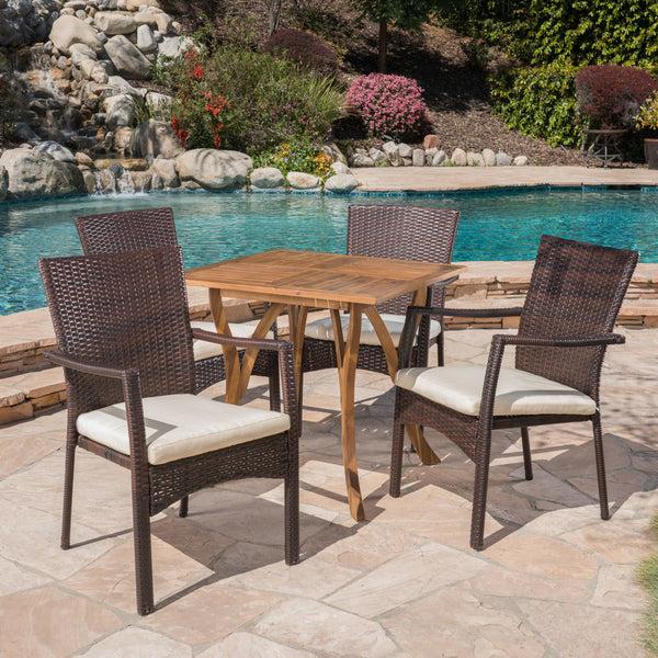 Gdf Studio Alva Outdoor 5 Piece Acacia Wood/ Wicker Dining Set With Cushions