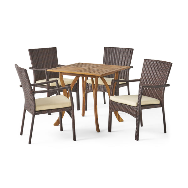 gdf studio Alva Outdoor 5 Piece Acacia Wood/ Wicker Dining Set with Cushions