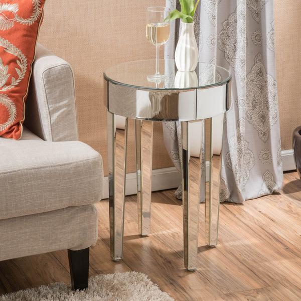 Gdf Studio Alvo Modern Glam Round Mirrored Side Table With Tapered Legs