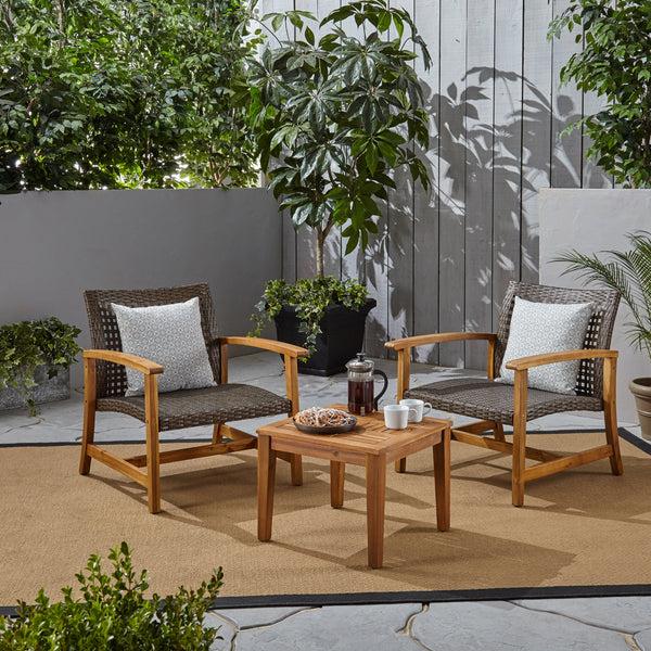 Gdf Studio Alyssa Outdoor 3 Piece Wood And Wicker Club Chairs And Side Table Set