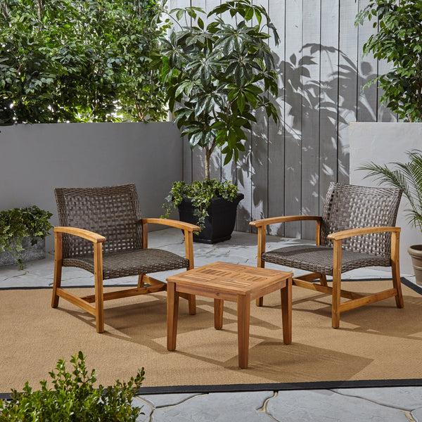 Gdf Studio Alyssa Outdoor 3 Piece Wood And Wicker Club Chairs And Side Table Set