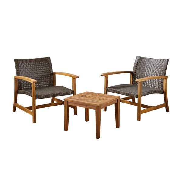 gdf studio Alyssa Outdoor 3 Piece Wood and Wicker Club Chairs and Side Table Set