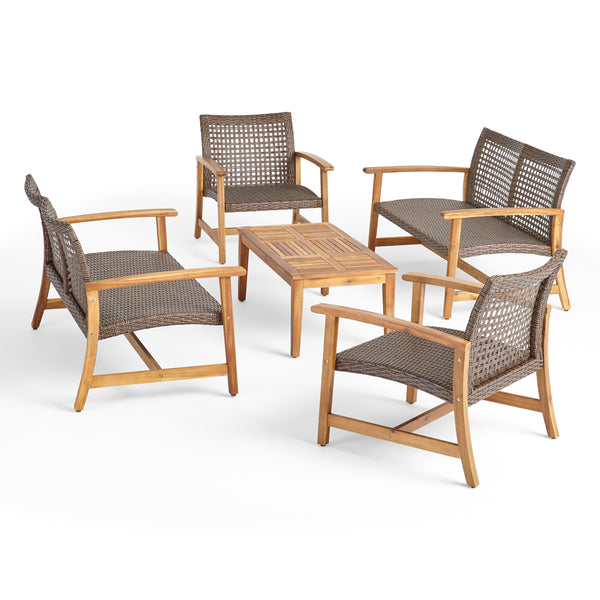 Gdf Studio Alyssa Outdoor 5 Piece Wood And Wicker Loveseat Chat Set