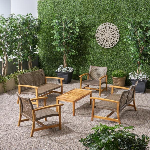 Gdf Studio Alyssa Outdoor 5 Piece Wood And Wicker Loveseat Chat Set