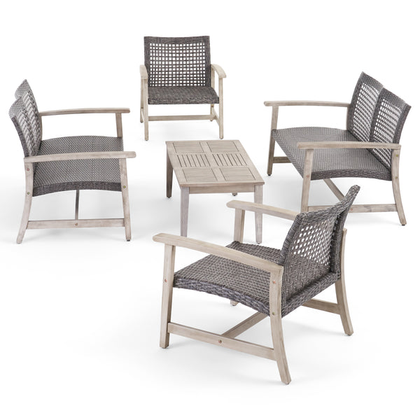 gdf studio Alyssa Outdoor 5 Piece Wood and Wicker Loveseat Chat Set