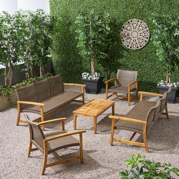 Gdf Studio Alyssa Outdoor 5 Piece Wood And Wicker Sofa Chat Set