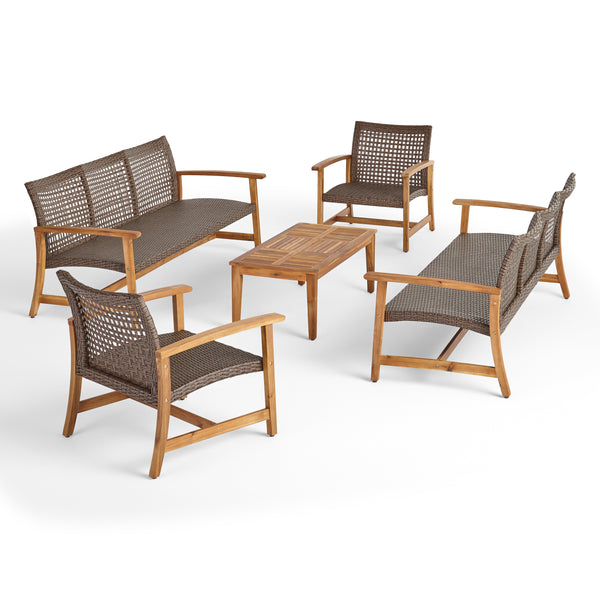 gdf studio Alyssa Outdoor 5 Piece Wood and Wicker Sofa Chat Set