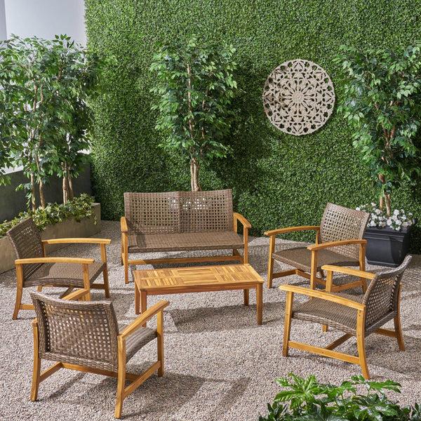 Gdf Studio Alyssa Outdoor 6 Piece Wood And Wicker Chat Set