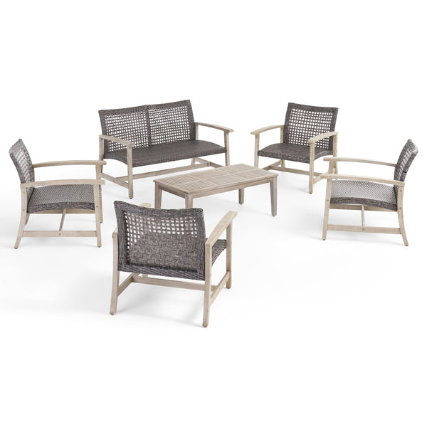 gdf studio Alyssa Outdoor 6 Piece Wood and Wicker Chat Set
