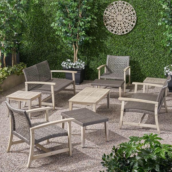 Gdf Studio Alyssa Outdoor 9 Piece Wood And Wicker Chat Set