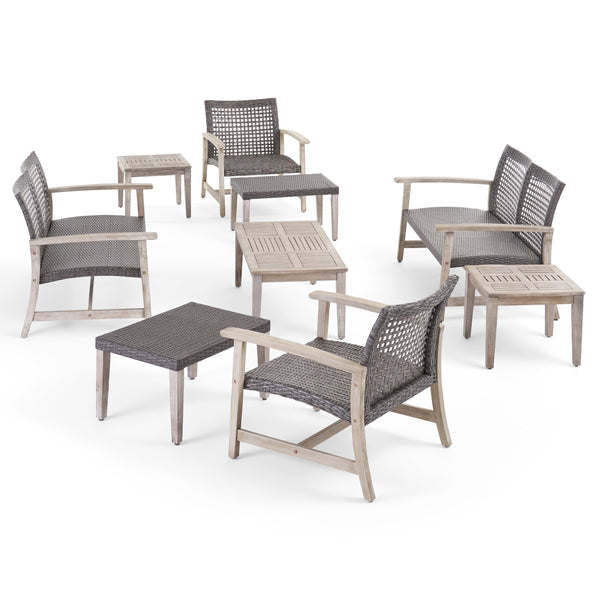 gdf studio Alyssa Outdoor 9 Piece Wood and Wicker Chat Set
