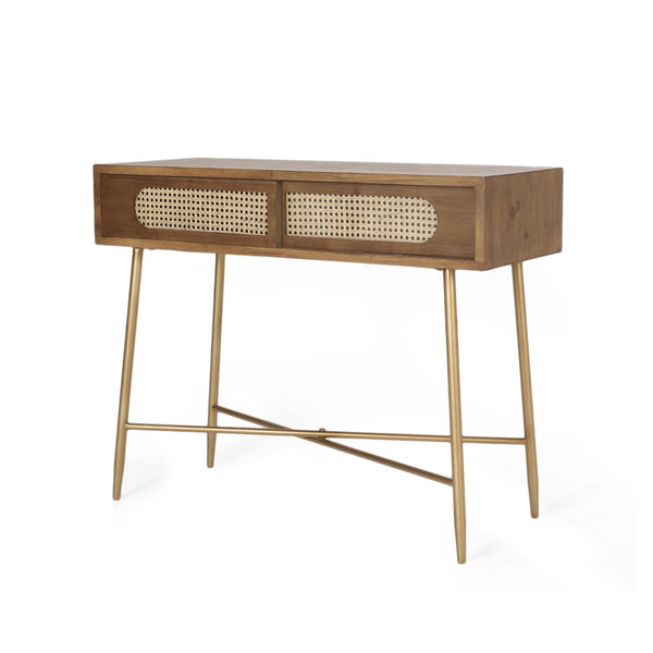 Gdf Studio Alzada Rustic Glam Console Table With Wicker Accents Walnut Natural And Antique Gold