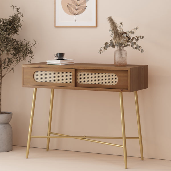 gdf studio Alzada Rustic Glam Console Table with Wicker Accents Walnut Natural and Antique Gold