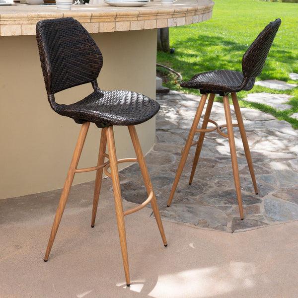 Gdf Studio Amaya Outdoor Multi-brown Wicker Barstools With Brown Wood Finish Metal Leg
