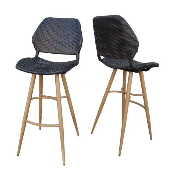 gdf studio Amaya Outdoor Multi-brown Wicker Barstools with Brown Wood Finish Metal Leg