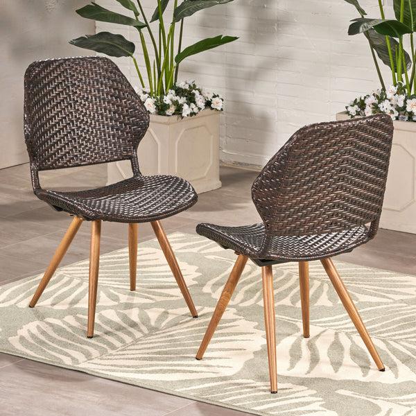 Gdf Studio Amaya Outdoor Multi-brown Wicker Dining Chairs With Brown Wood Finish Metal Legs (Set Of 2)