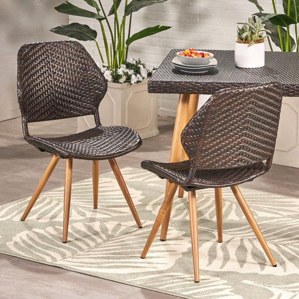 Gdf Studio Amaya Outdoor Multi-brown Wicker Dining Chairs With Brown Wood Finish Metal Legs (Set Of 2)