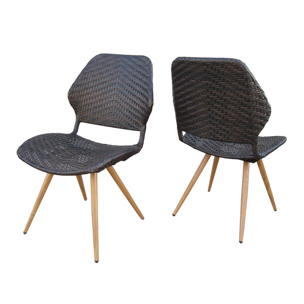 gdf studio Amaya Outdoor Multi-brown Wicker Dining Chairs with Brown Wood Finish Metal Legs (Set of 2)