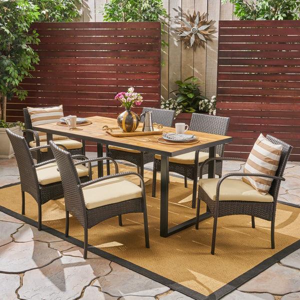 Gdf Studio Amenda Outdoor 6-Seater Rectangular Acacia Wood And Wicker Dining Set Teak With Black And Multi Brown With Cream