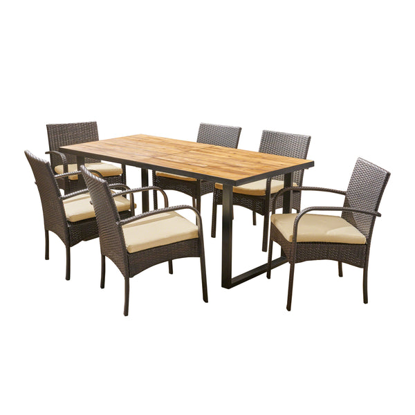 gdf studio Amenda Outdoor 6-Seater Rectangular Acacia Wood and Wicker Dining Set Teak with Black and Multi Brown with Cream