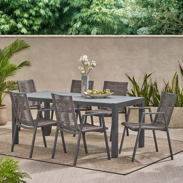Gdf Studio Amir Outdoor Modern 6 Seater Aluminum Dining Set With Tempered Glass Top