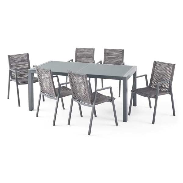 gdf studio Amir Outdoor Modern 6 Seater Aluminum Dining Set with Tempered Glass Top