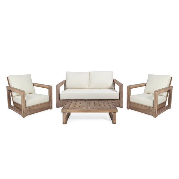 gdf studio Andrae Outdoor 4 Seater Acacia Wood Chat Set with Water Resistant Cushions