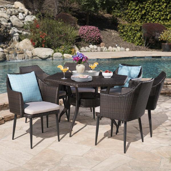 Gdf Studio Andre Outdoor 7 Piece Wicker Hexagon Dining Set With Water Resistant Cushions