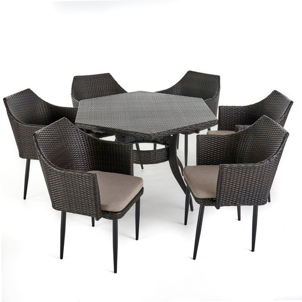 gdf studio Andre Outdoor 7 Piece Wicker Hexagon Dining Set with Water Resistant Cushions