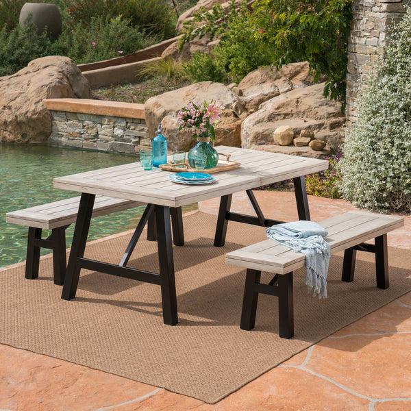 Gdf Studio Anemone Outdoor 3 Piece Light Gray Finished Acacia Wood Picnic Set