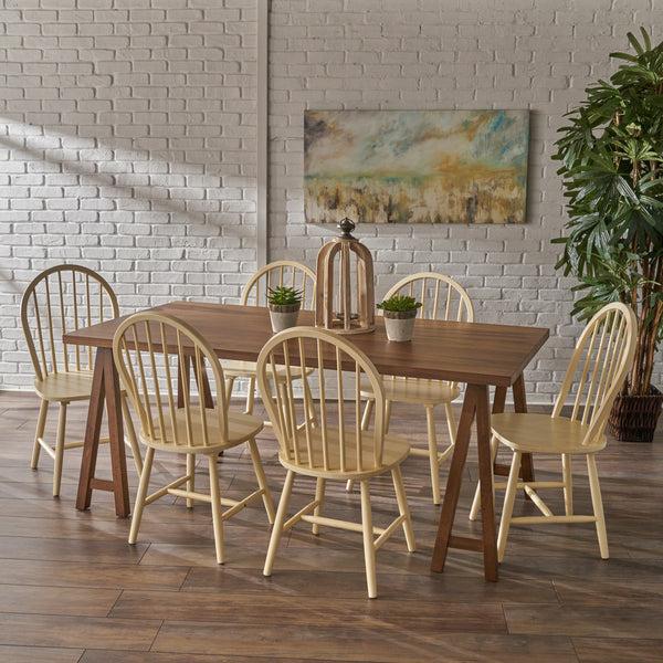 Gdf Studio Angela Farmhouse Cottage 7 Piece Faux Wood Dining Set With Rubberwood Chairs Antique White