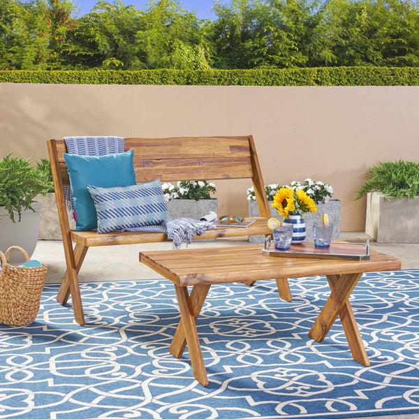Gdf Studio Anthony Outdoor Acacia Wood Loveseat And Coffee Table Set Sandblast Teak