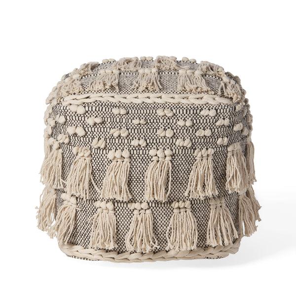 gdf studio Arcola Handcrafted Boho Fabric Cube Pouf with Tassels
