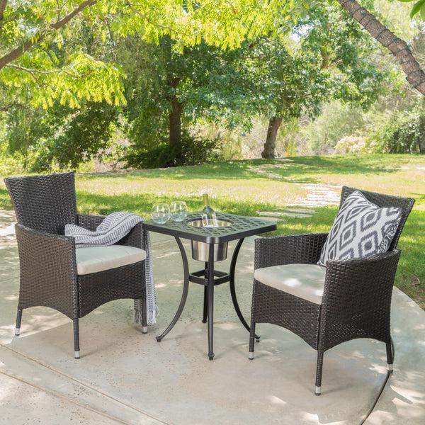 Gdf Studio Ariel Outdoor 3Pc Wicker Bistro Set W/ Water Resistant Cushions