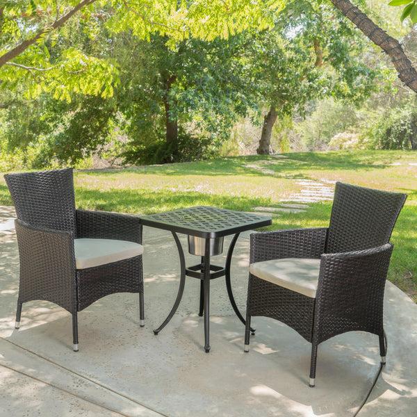 Gdf Studio Ariel Outdoor 3Pc Wicker Bistro Set W/ Water Resistant Cushions