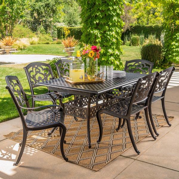 Gdf Studio Ariel Outdoor 7 Pc Cast Aluminum Dining Set With Extension Leaf