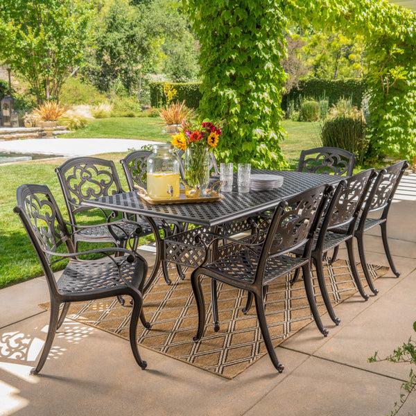 Gdf Studio Ariel Outdoor 9 Piece Patina Copper Finish Cast Aluminum Dining Set