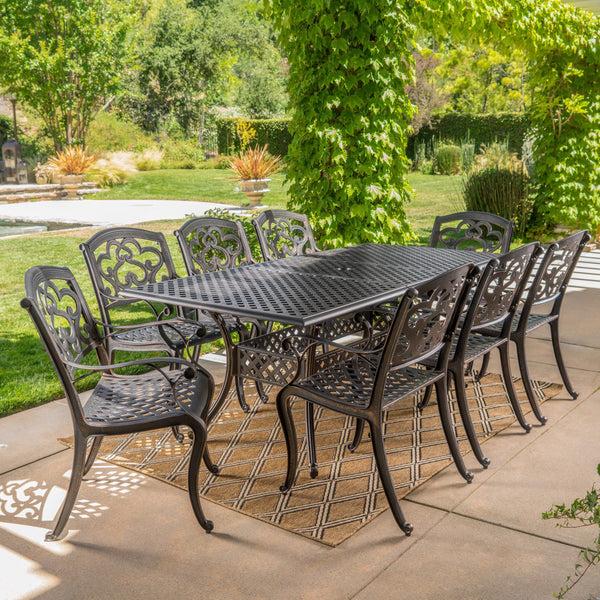Gdf Studio Ariel Outdoor 9 Piece Patina Copper Finish Cast Aluminum Dining Set