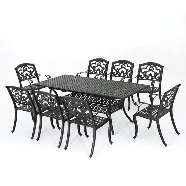 gdf studio Ariel Outdoor 9 Piece Patina Copper Finish Cast Aluminum Dining Set