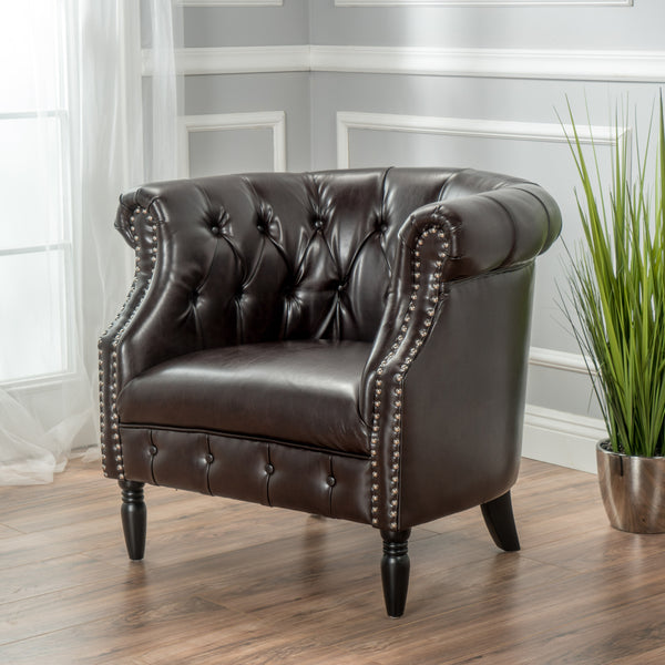 Gdf Studio Aries Rolled Back Button Tufted Leather Tub Design Club Chair