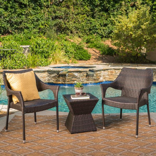 Gdf Studio Arlost Outdoor 3 Piece Multi-Brown Wicker Chat Set With Stacking Chairs
