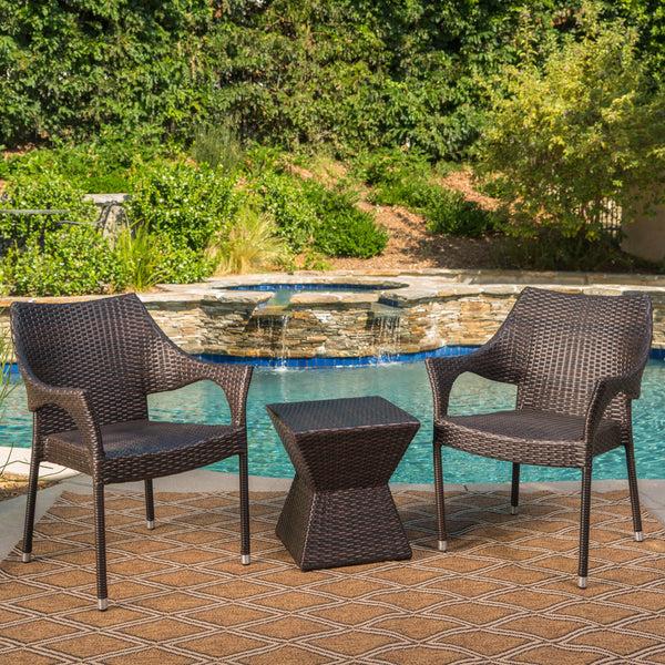 Gdf Studio Arlost Outdoor 3 Piece Multi-Brown Wicker Chat Set With Stacking Chairs